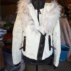 White and Black Ski Jacket with Fur Trim